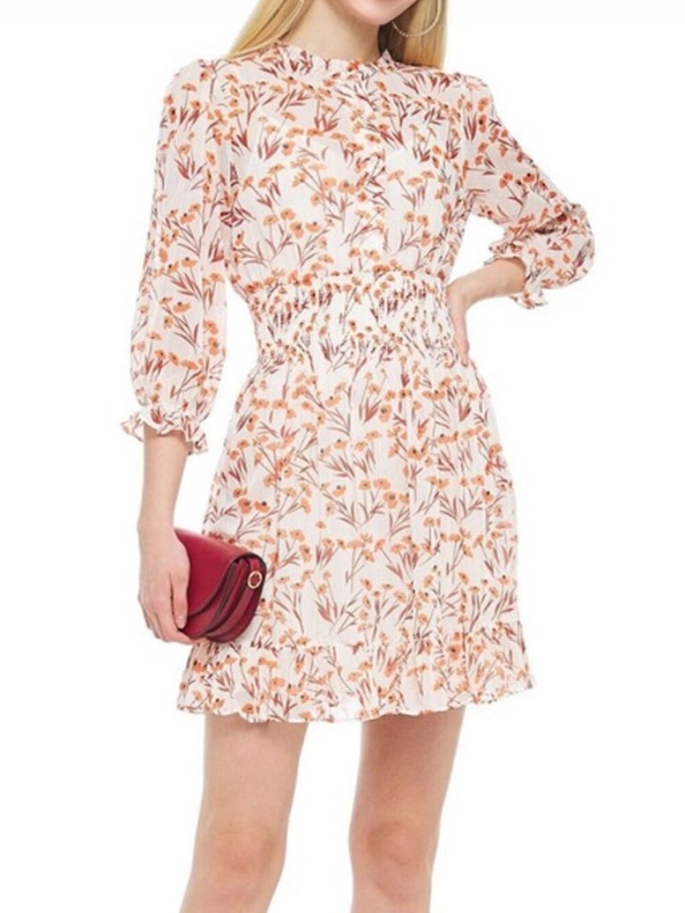 Maje Rythona Floral Metallic Chiffon Smocked Mini Dress Size 34